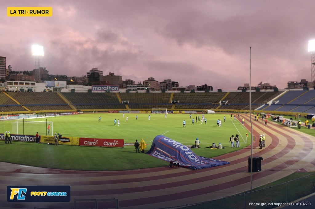 Estadio Olimpico Atahualpa in Quito during a league game, with Footy Condor branding