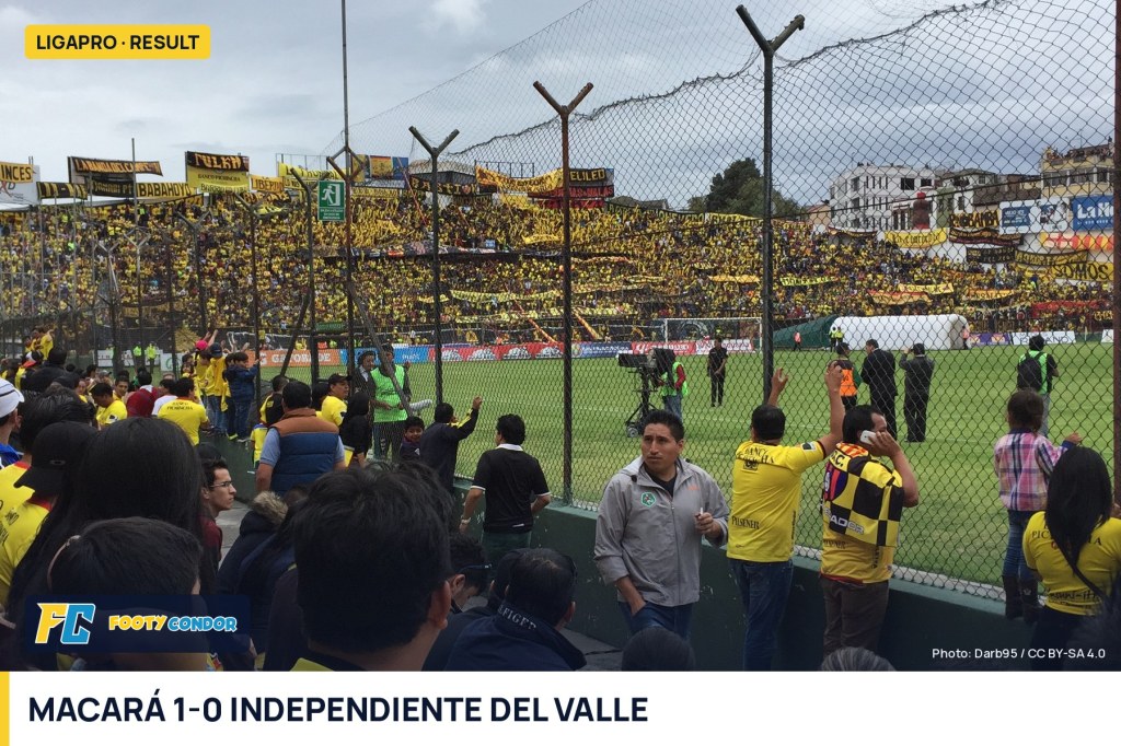 Packed stands at Estadio Bellavista in Ambato with a white strip reading Macara 1-0 Independiente del Valle